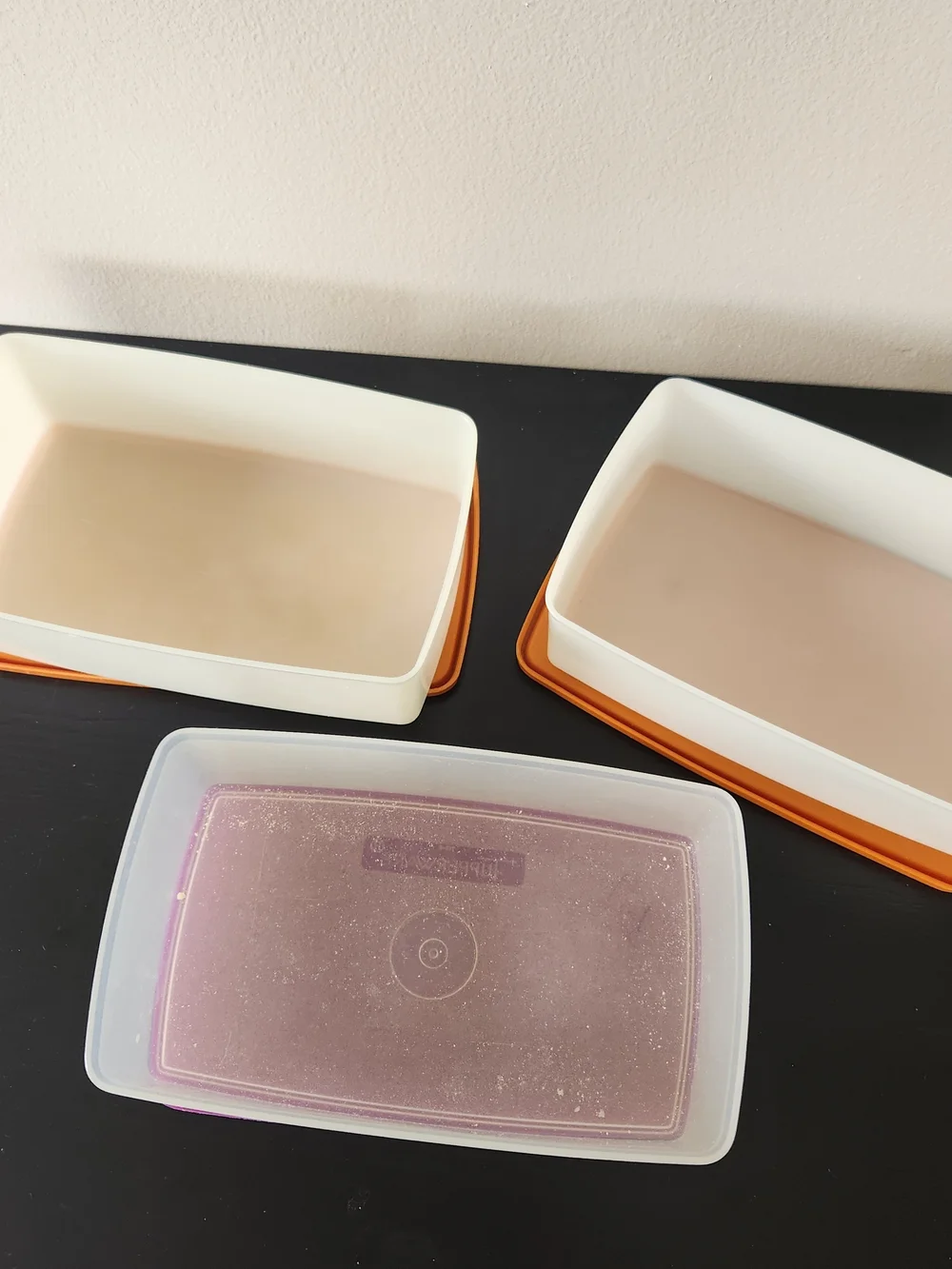 Vintage Tupperware White Containers with Purple Lid and Orange Seals